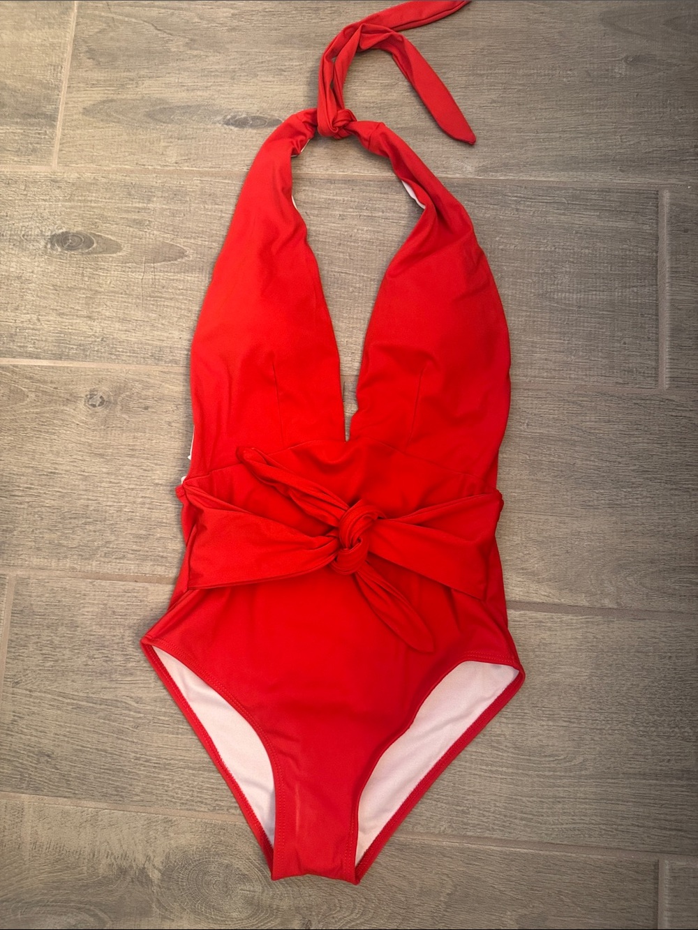 Commense Red Halter One-Piece Swimsuit with Waist Knot